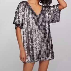 Free People Sequined Silver Metallic Tunic Layered Short Sleeve Scoop Neck S